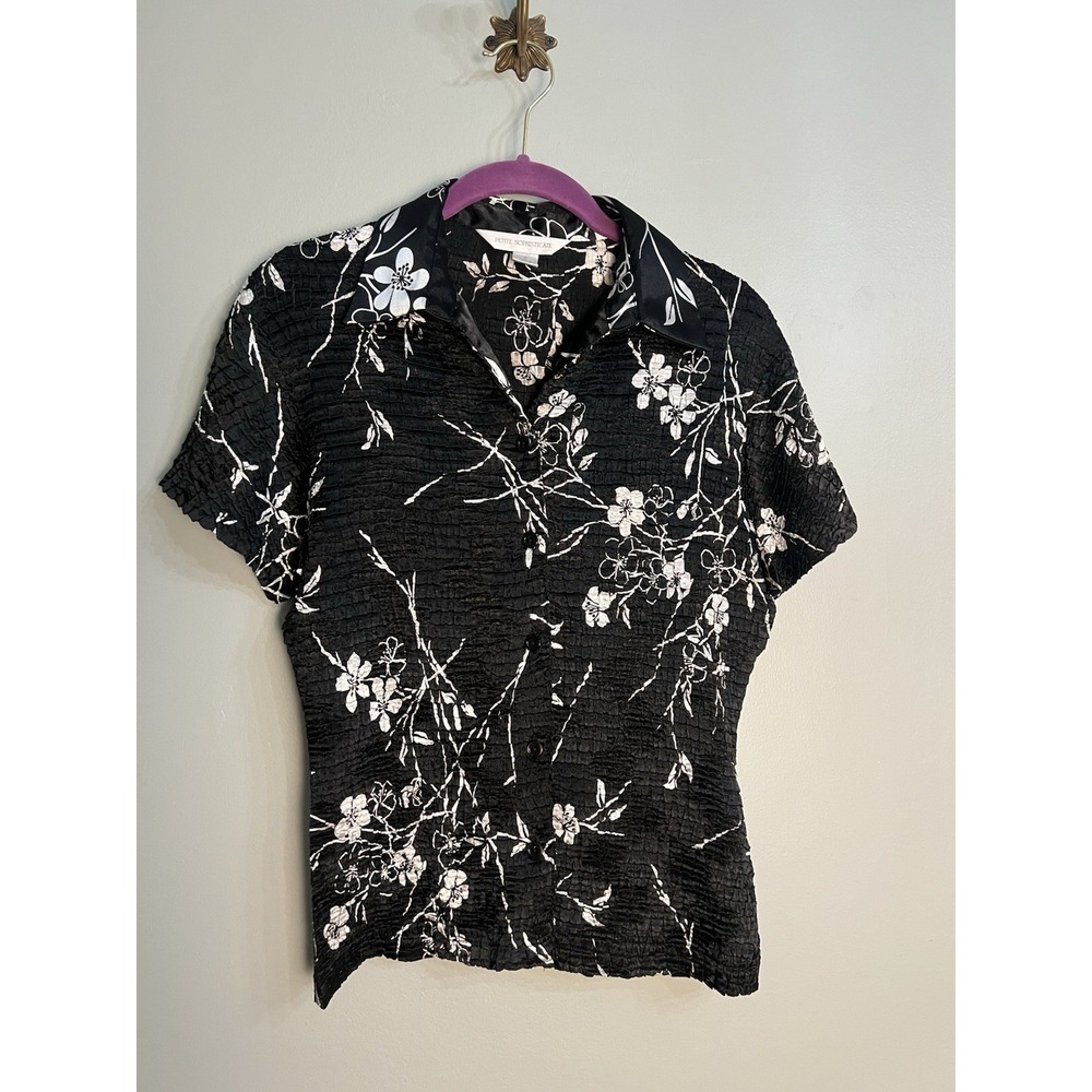 PS Petite Sophisticate Y2K Cherry Blossom Crinkle Floral Button Front Blouse